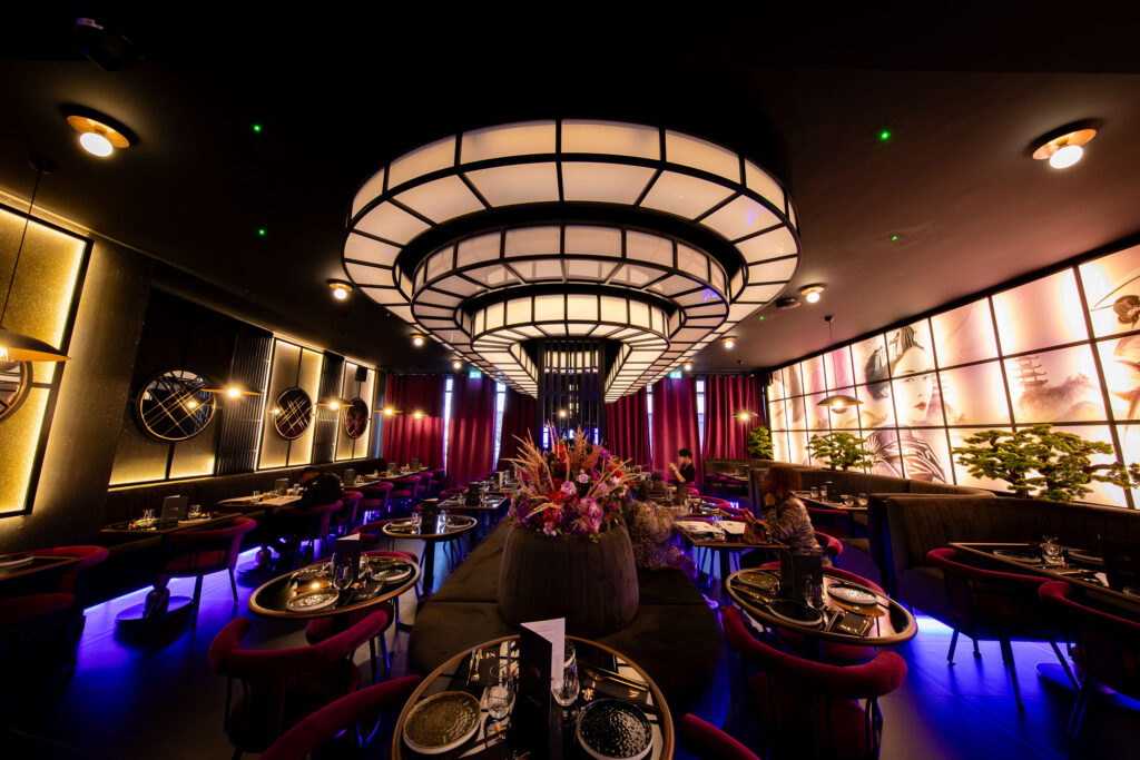 Stylish restaurant interior with modern lighting