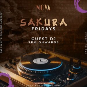 Sakura Fridays event flyer with DJ details