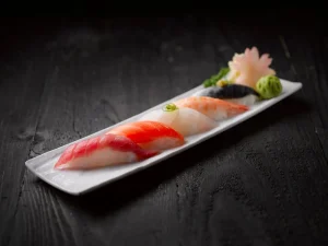 Plate of fresh sushi with fish slices