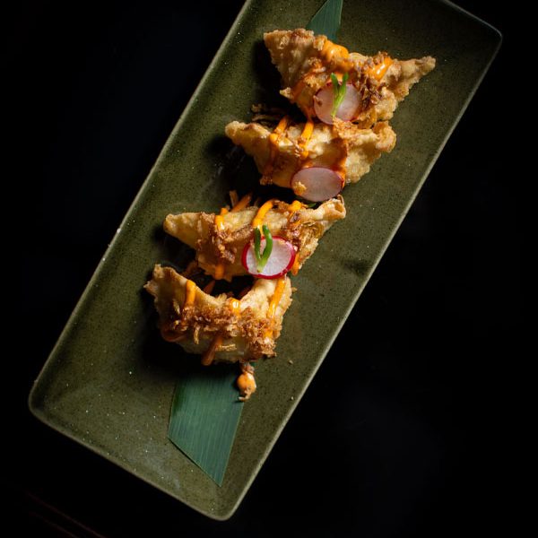 Plate of fried dumplings with sauce